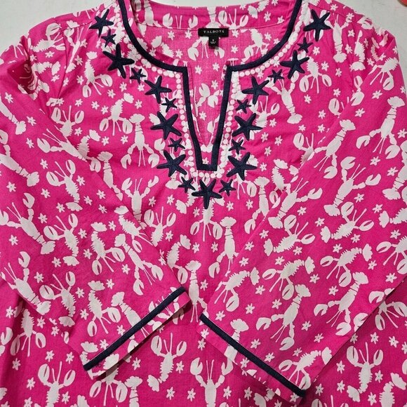 Talbots Size Small Tropical Coastal Embroidered Lobster Rockstar Tunic Top Pink - Picture 3 of 9
